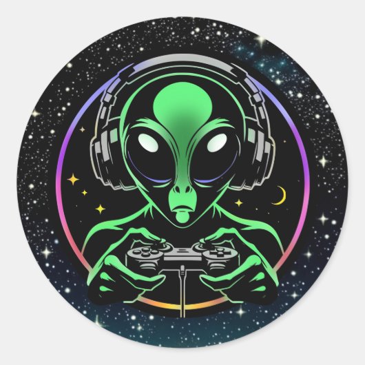 Alien Spelen Videospellen met Sterrenachtergrond Ronde Sticker (Voorkant)