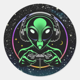 Alien Spelen Videospellen met Sterrenachtergrond Ronde Sticker