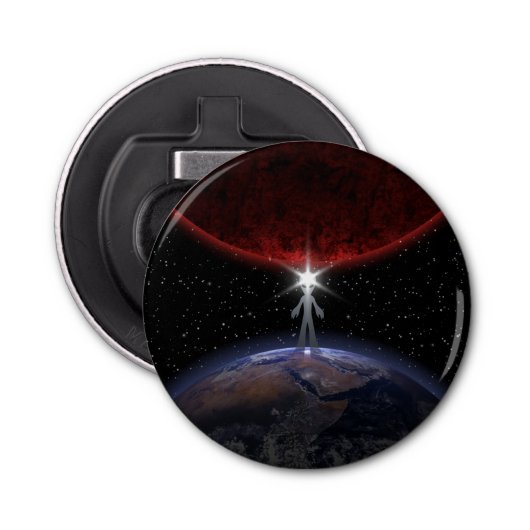 Alien tussen de planeten button flesopener (Voorkant)