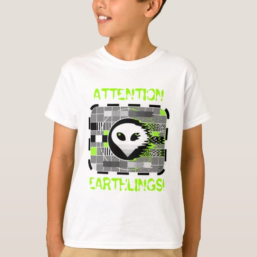 Alien TV 'ATTENTION EARTHLINGS' kind wit T-shirt (Voorkant)