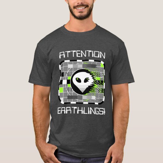 Alien TV 'ATTENTION EARTHLINGS' mannen grijs T-shirt (Voorkant)