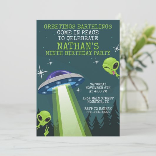 Alien UFO Birthday Party Invitation Kaart (Staand voorkant)
