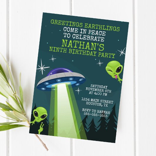 Alien UFO Birthday Party Invitation Kaart