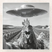 Alien UFO Chicken Art Abduction SciFi Humor Glazen Onderzetter (Voorkant)
