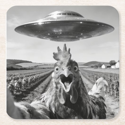 Alien UFO Chicken Art Abduction SciFi Humor Kartonnen Onderzetters (Voorkant)