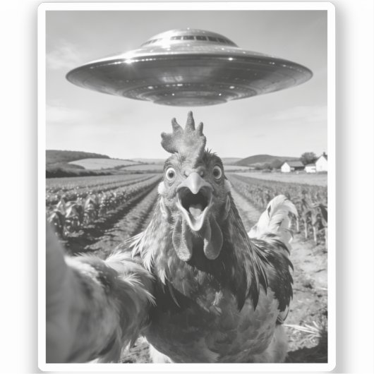 Alien UFO Chicken Art Abduction SciFi Humor Sticker (Voorkant)