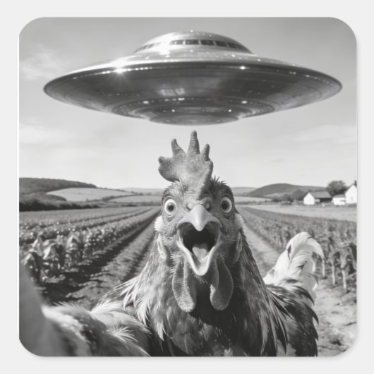 Alien UFO Chicken Art Abduction SciFi Humor Vierkante Sticker (Voorkant)