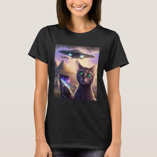 Alien UFO Kat Selfie Galaxy Kat T-shirt (Voorkant)