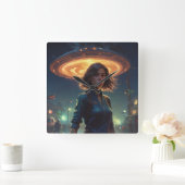 Alien UFO Ontmoeting Door Meisje In De Stad Vierkante Klok (Huis)