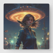 Alien UFO Ontmoeting Door Meisje In De Stad Vierkante Klok (Voorkant)