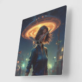 Alien UFO Ontmoeting Door Meisje In De Stad Vierkante Klok (Hoek)