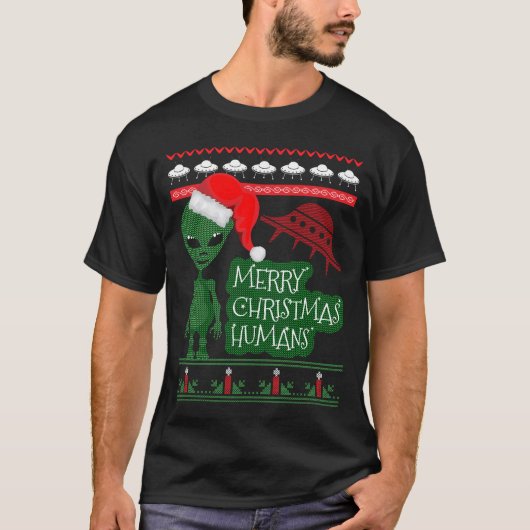 Alien UFO Ugly KerstSweater van breit T-shirt (Voorkant)