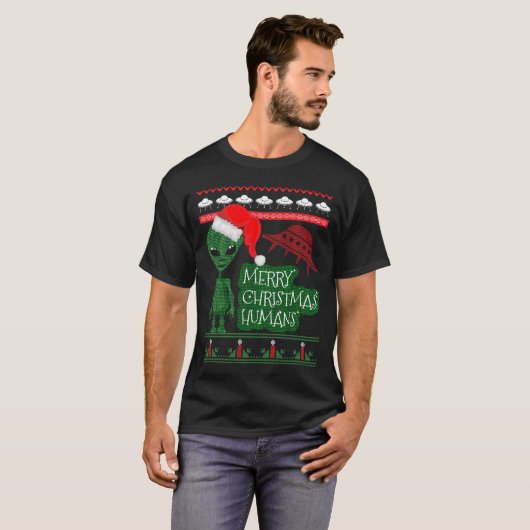 Alien UFO Ugly KerstSweater van breit T-shirt (Voorkant volledig)