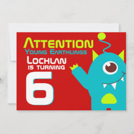 Alien verjaardagsjongen 6e aqua oranje uitnodiging