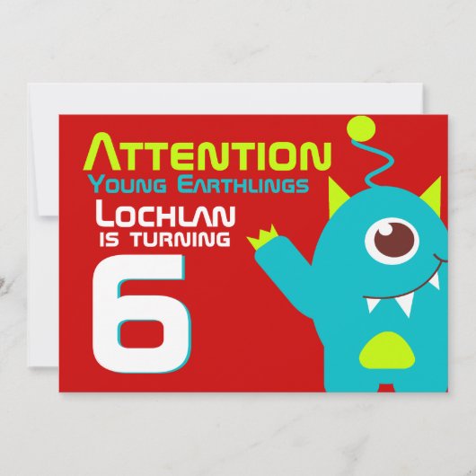 Alien verjaardagsjongen 6e aqua oranje uitnodiging (Voorkant)