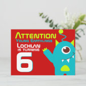 Alien verjaardagsjongen 6e aqua oranje uitnodiging (Staand voorkant)