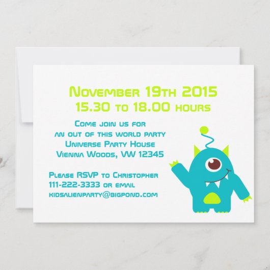 Alien verjaardagsjongen 6e aqua oranje uitnodiging (Achterkant)