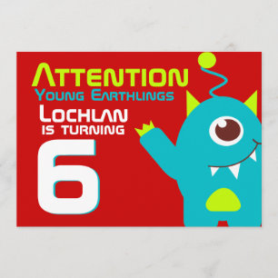 Alien verjaardagsjongen 6e aqua oranje uitnodiging