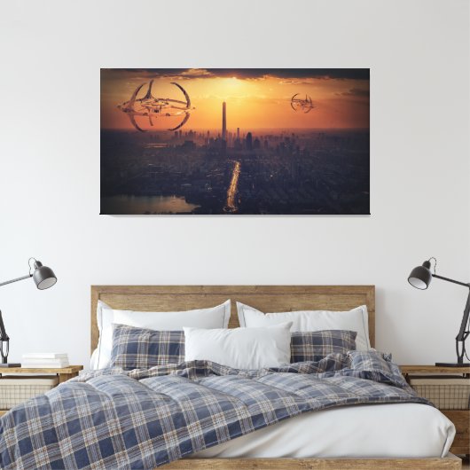 Alien verscheept boven het landschap van de stad F Canvas Afdruk (Insitu (Slaapkamer))