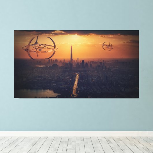 Alien verscheept boven het landschap van de stad F Canvas Afdruk (Insitu (Houten vloer))