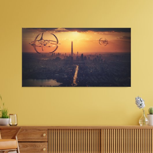 Alien verscheept boven het landschap van de stad F Canvas Afdruk (Insitu (Woonkamer))
