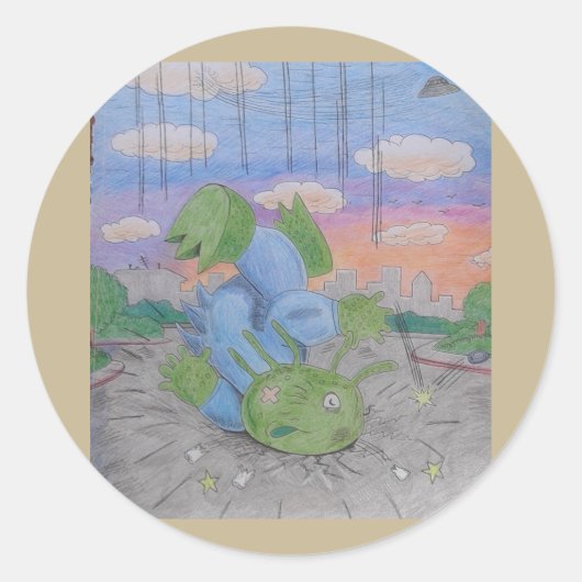 Alien viel van UFO-vliegende saucer Roswell Ronde Sticker (Voorkant)