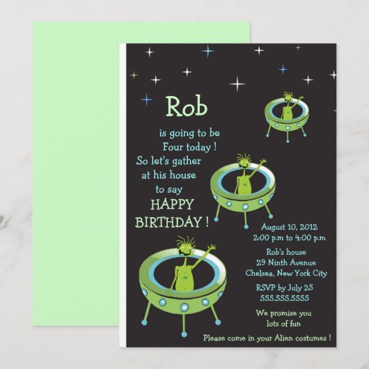 Alien Visitors - verjaardagsuitnodiging voor kinde Kaart (Voorkant / Achterkant)