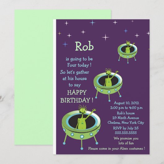 Alien Visitors - verjaardagsuitnodiging voor kinde Kaart (Voorkant / Achterkant)