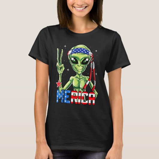 Alien Vrede Teken 4th van Juli Amerika UFO America T-shirt (Voorkant)