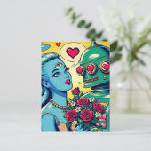 Alien Vrouw en Robot in Liefde Retro Comic Briefkaart (Staand voorkant)