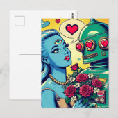 Alien Vrouw en Robot in Liefde Retro Comic Briefkaart (Voorkant / Achterkant)