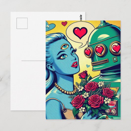 Alien Vrouw en Robot in Liefde Retro Comic Briefkaart (Voorkant / Achterkant)