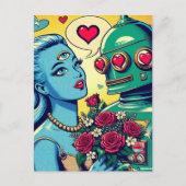 Alien Vrouw en Robot in Liefde Retro Comic Briefkaart (Voorkant)