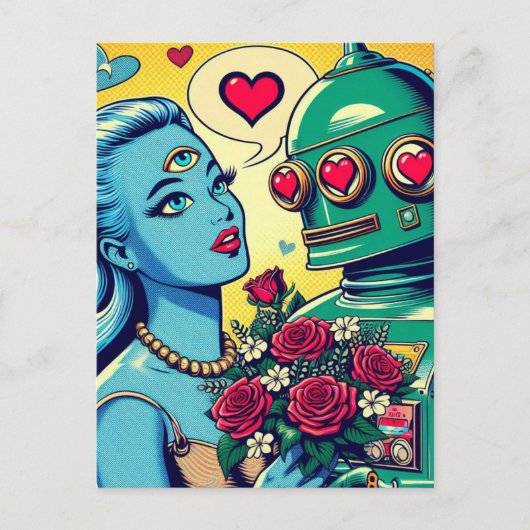 Alien Vrouw en Robot in Liefde Retro Comic Briefkaart (Voorkant)