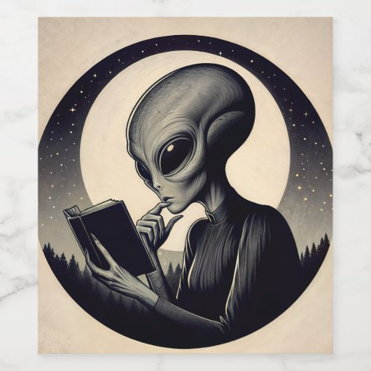 Alien vrouw leest boek  kunst wijn etiket (Enkel label)