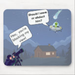 Alien vs Astronomer UFO Humor Mousepad Muismat<br><div class="desc">The ultimate galactic nuisance is now your new favorite desk accessory! We’ve all been there: you’ve got your telescope perfectly aligned for a once-in-a-lifetime comet sighting, only for local space traffic to ruin the shot. This mousepad captures the struggle of an astronomer who’s had enough. While he’s busy shouting, 'Hey,...</div>