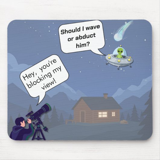 Alien vs Astronomer UFO Humor Mousepad Muismat (Voorkant)
