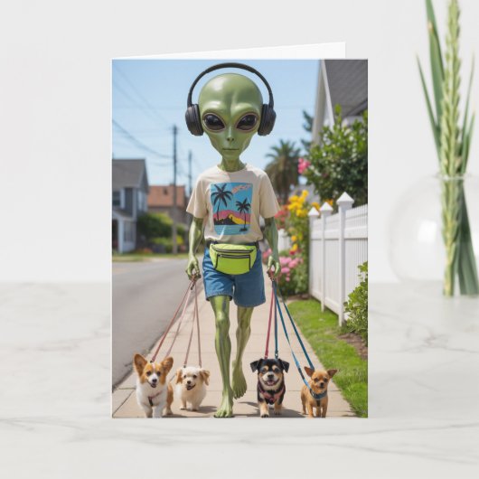Alien Walkin' the Dog Card Feestdagen Kaart (Voorkant)