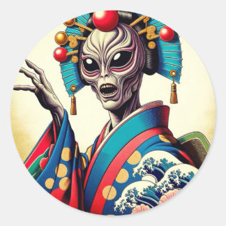 Alien wearing a Japanese kimono シール Ronde Sticker
