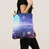 Alien World | Futuristic Shield City | Blauwe ster Tote Bag (Dichtbij)