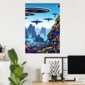 Alienplaneet, buitenaardse vliegmachine | AI Art P Poster (Thuiskantoor)