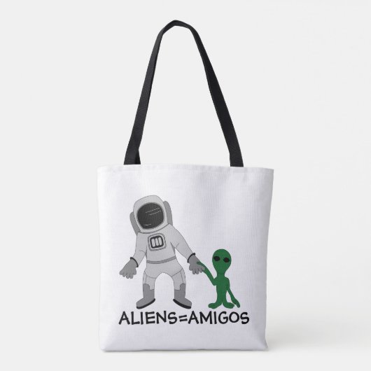 Aliens = Amigos, Astronaut & Buitenaards Tote Bag (Achterkant)