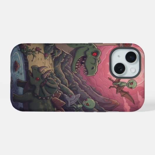 Aliens and Dinosaurs Under Crimson Skies iPhone 15 Case (Achterkant horizontaal)