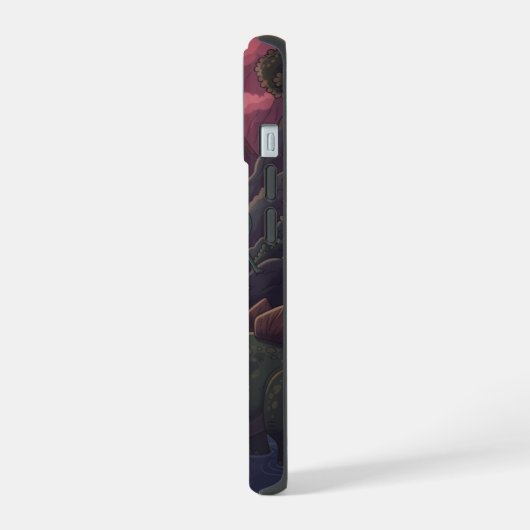 Aliens and Dinosaurs Under Crimson Skies iPhone 15 Case (Linkerkant)