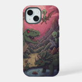 Aliens and Dinosaurs Under Crimson Skies iPhone 15 Case (Achterkant)