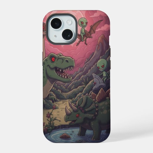 Aliens and Dinosaurs Under Crimson Skies iPhone 15 Case (Achterkant)
