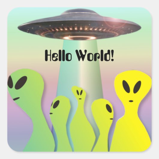 Aliens en Flying Saucer Fun Vierkante Sticker (Voorkant)