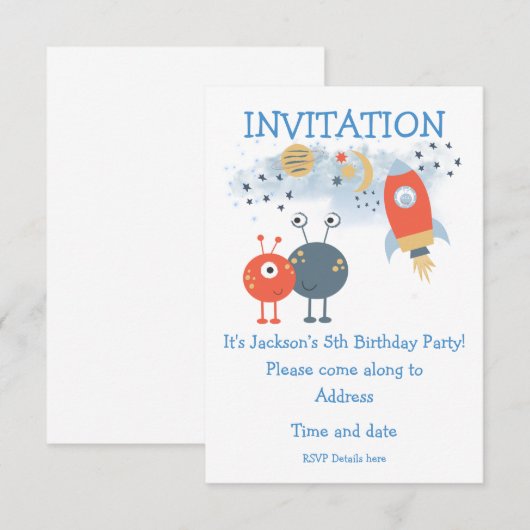 Aliens en Ruimteschip Cartoon Verjaardagsuitnodigi Kaart (Voorkant / Achterkant)