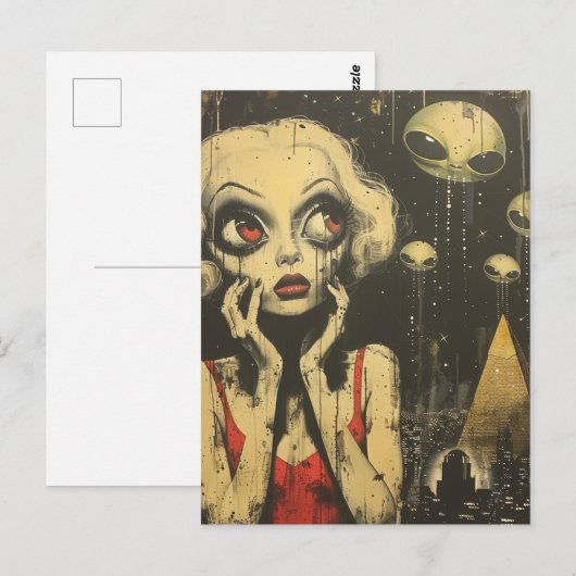 Aliens en vrouwen in rode jurk Scifi Fantasy Briefkaart (Voorkant / Achterkant)