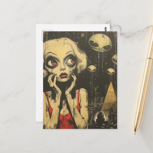 Aliens en vrouwen in rode jurk Scifi Fantasy Briefkaart (Voorkant / Achterkant in situ)